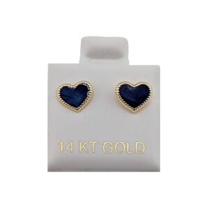14K Solid Gold Navy Blue Heart Earrings Enamel Screw Back Studs Jewelry **